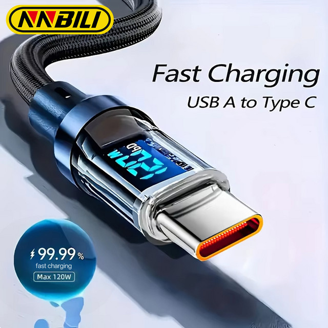 NNBILI 120W USB-A auf Typ-C Ladekabel mit Echtzeit-Digitalanzeige für Android und Huawei, Schwarz - Bild 1