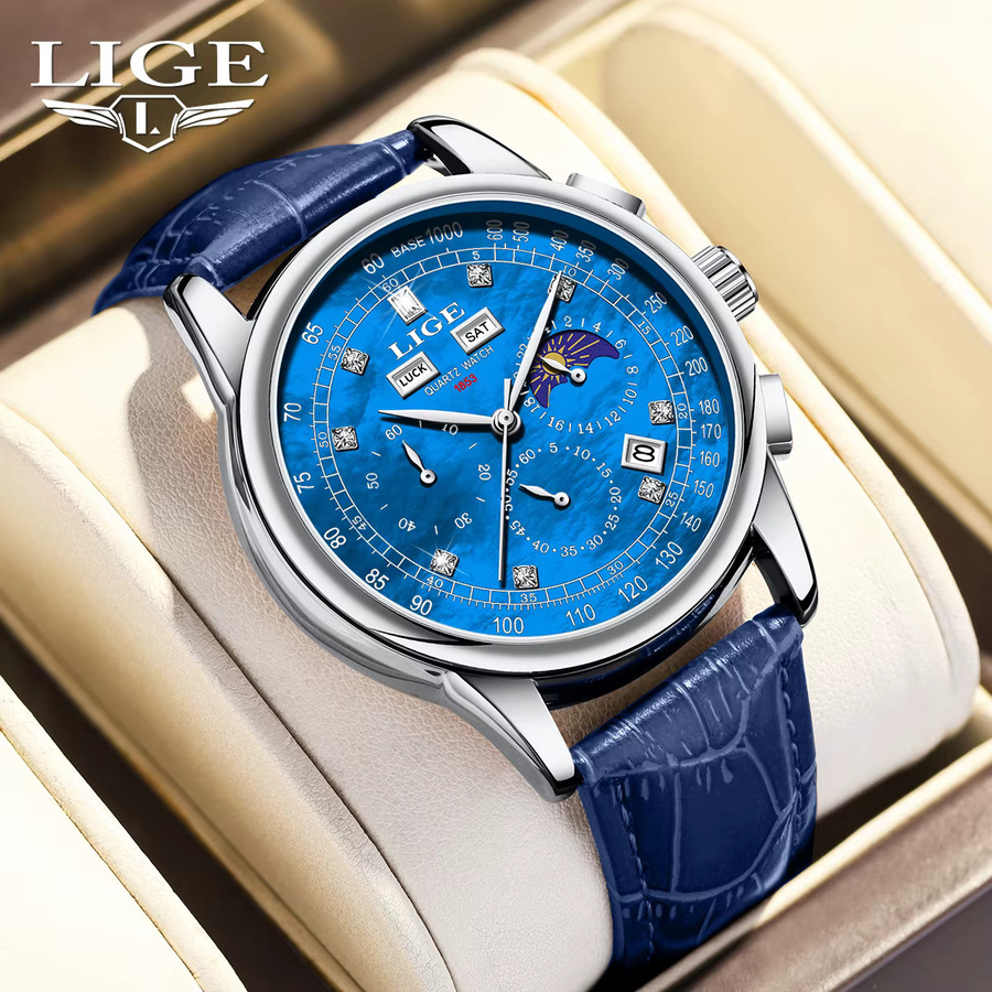 LIGE Chronograph, Quarz, Leder, Blau, Herren - Bild 2