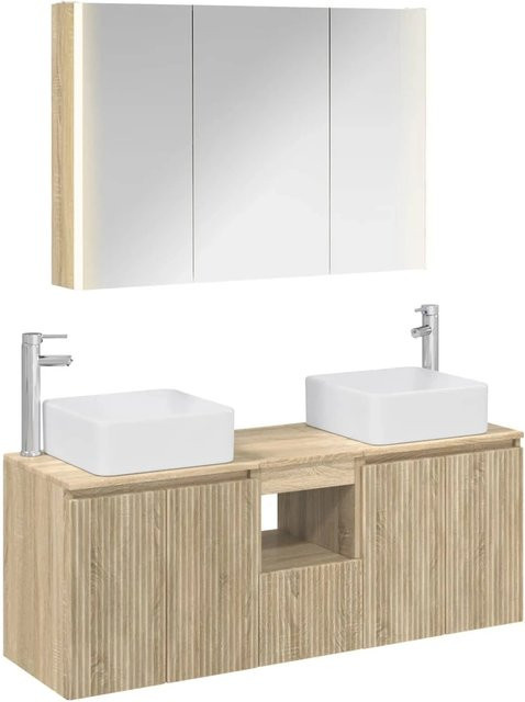 vidaXL Badezimmerschrank-Set 4-teilig in Sonoma-Eiche, modernes Design mit Waschtischunterschrank, Spiegelschrank mit LED-Beleuchtung und Wandelementen, Braun - Bild 1