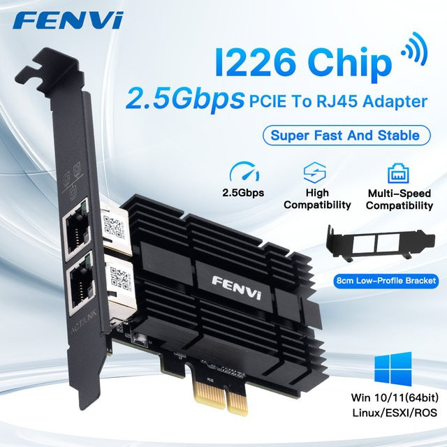 FENVI Dual Port 2,5 Gbit/s PCI-E Netzwerkkarte mit Intel I226 Chip für Desktop, RJ45 Ethernet LAN Adapter, Schwarz - Bild 1