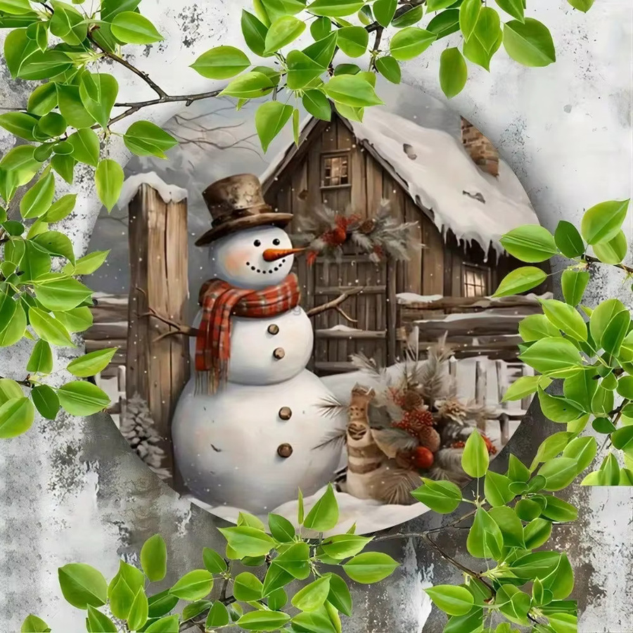 CIFBUY Vintage Metallschild Winterhütte & Schneemann – Rundes Eisenwandbild für Weihnachtsdekoration, Mehrfarbig, Durchmesser: 20 cm - Bild 4