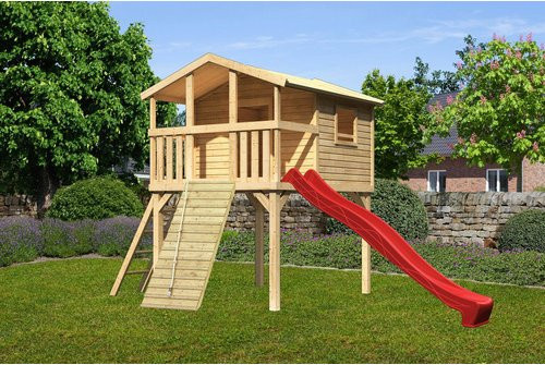 Karibu Stelzenhaus Benjamin Set aus Naturholz mit Rampe und Rutsche in Rot, B/H/T: 198 x 309 x 244 cm, Braun - Bild 3