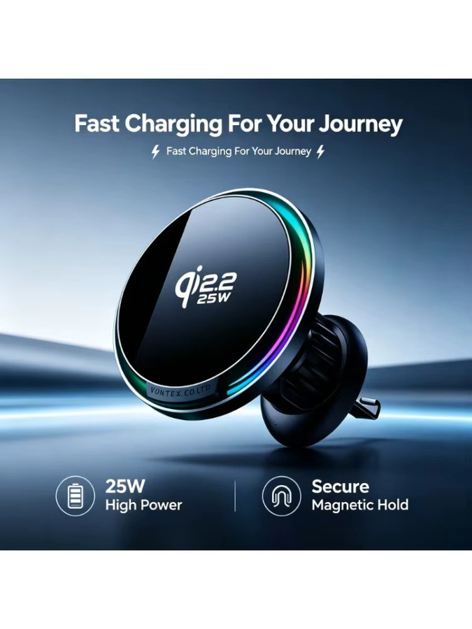 VIKEFON 25W Qi2.2 Magnetisches Kabelloses Autoladegerät mit RGB Lüftungsschlitz-Handyhalterung für MagSafe, iPhone und Android in Schwarz - Bild 7