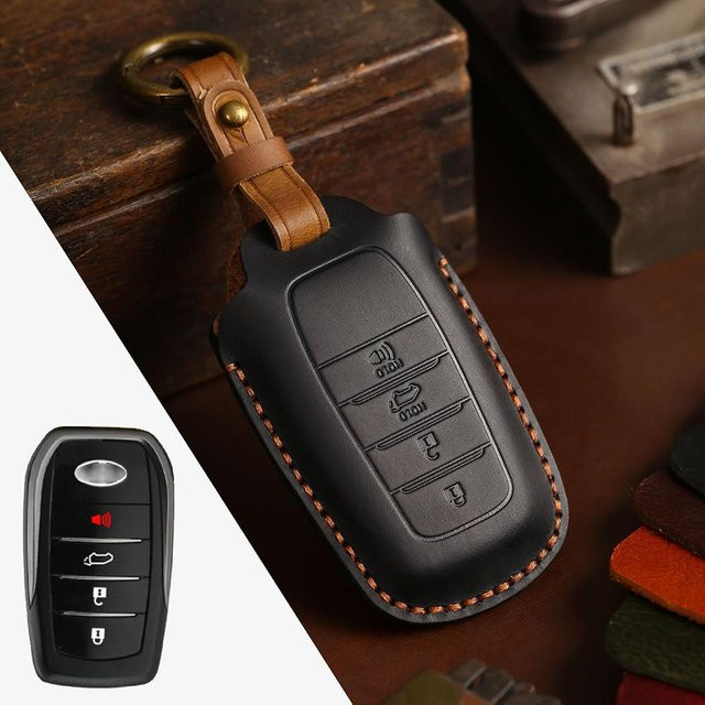 Echtes Leder Autoschlüsselhülle Etui in Schwarz für Toyota RAV4 Yaris C-HR Hilux Fortuner Land Cruiser Camry Corolla Crown Highlander - Bild 1