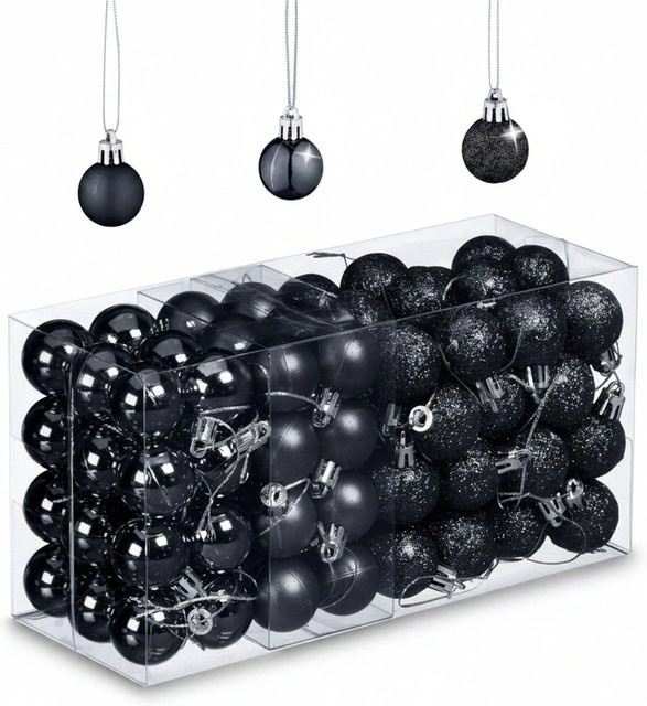 Relaxdays Weihnachtskugeln im 96er Set aus Kunststoff in Schwarz mit Aufbewahrungsbox - Bild 1