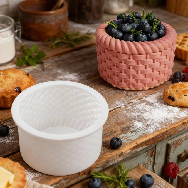 Silikon Mousse-Kuchenform im Bambuskorb-Design, rund, Durchmesser: 10,2 cm, weiß oder schwarz - Bild 1