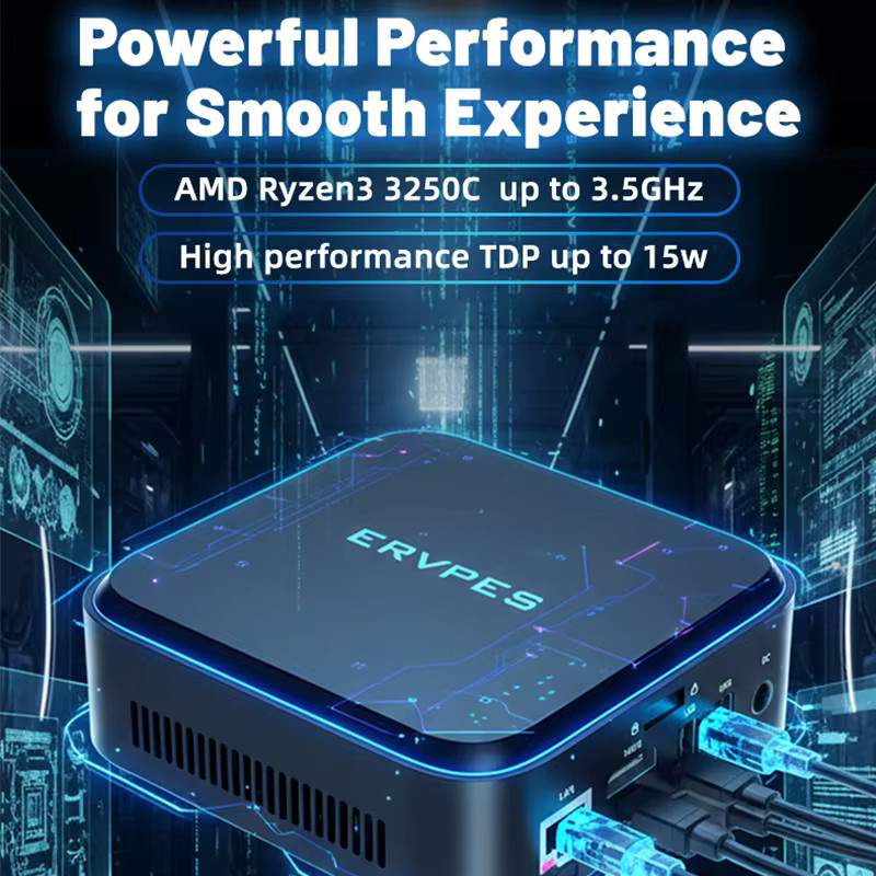 ERVPES E1 Mini-PC mit AMD Ryzen 3 3250C, 8GB DDR4, 256GB SSD, Windows 11 Pro, Dual-Band WLAN und Bluetooth 5.2, Schwarz - Bild 3