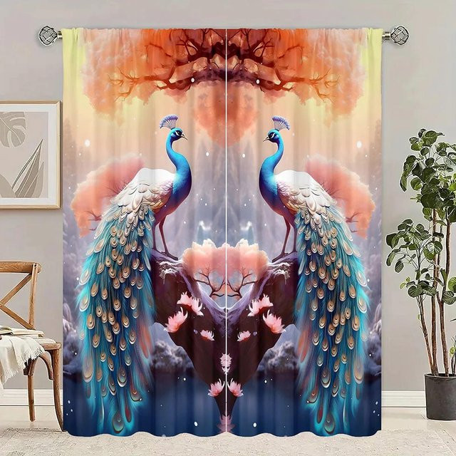 2-teiliger dekorativer Kunst-Filtervorhang mit Pfau-Motiv von Yiran Furniture, digital bedruckt, halbtransparent, Mehrfarbig, Breite: 60 cm, Höhe: 60 cm - Bild 1