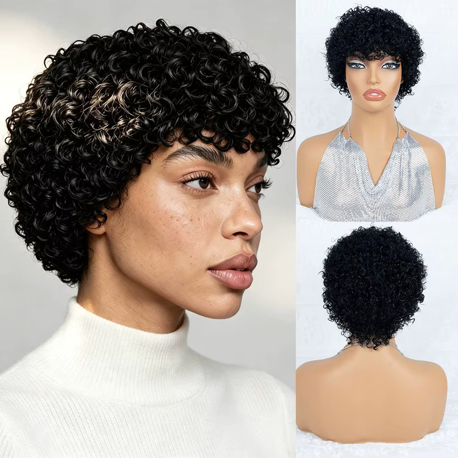 OYM HAIR Remy-Echthaarperücke, lockiger Pixie-Schnitt mit Pony, Damen - Bild 2
