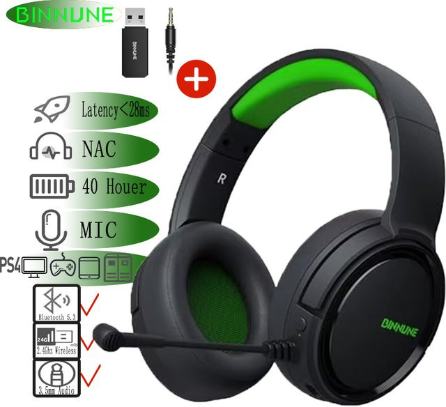 BINNUNE kabelloses Gaming-Headset mit 2,4 GHz und Bluetooth 5.2, USB-C Gamer-Kopfhörer mit geräuschunterdrückendem Mikrofon für PS5, PS4, PC und Nintendo Switch, Schwarz/Lila - Bild 1