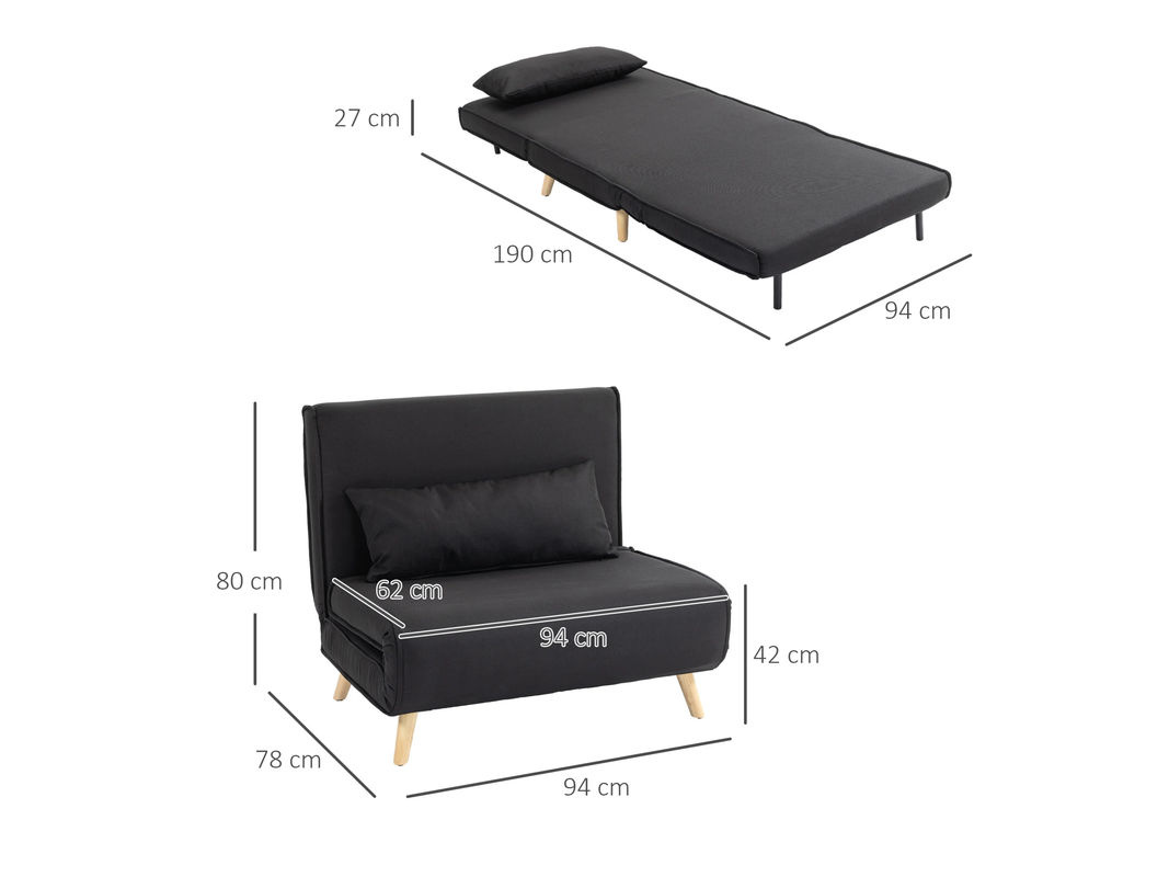 HOMCOM Schlafsessel im skandinavischen Stil aus Leinenimitat und Kautschukholz, Schwarz, B: 94 cm, T: 78 cm, H: 80 cm - Bild 3