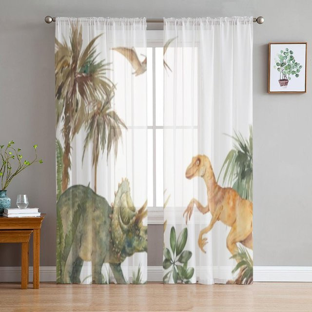 Aquarell Dinosaurier Voile Tüll Vorhang von A Family Of Home Textiles, Mehrfarbig, Breite: 135 cm, Höhe: 244 cm - Bild 1