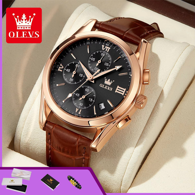 OLEVS Chronograph Armbanduhr, Quarz, Leder, Schwarz, Herren - Bild 1