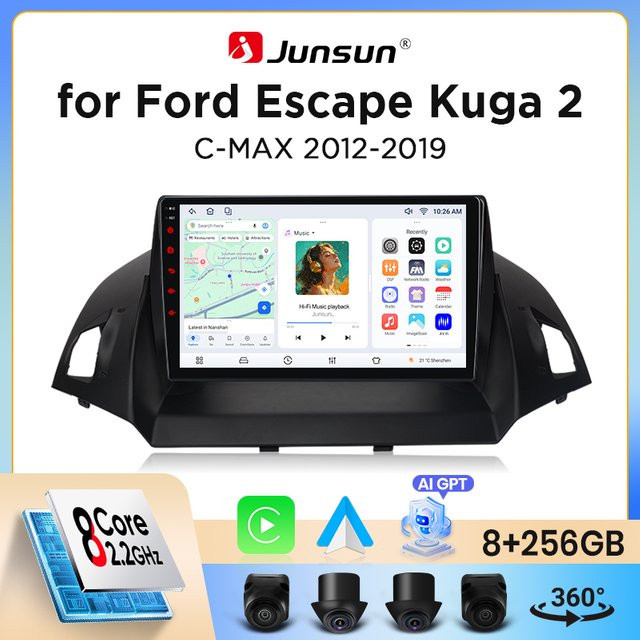 Junsun Wireless CarPlay und Android Auto Autoradio für Ford Kuga Mk2 (C520) und C-MAX Mk2 (C344) 2012-2019 in Schwarz mit GPS, WiFi, Bluetooth und integriertem Lüfter - Bild 1