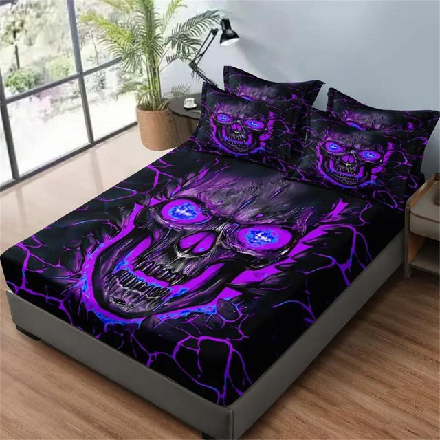 3-teiliges Bettwäsche-Set von Binchi Fitness mit Totenkopfmuster in Lila und Schwarz, bestehend aus Bettbezug, Kissenbezug und Spannbettlaken, Material Mikrofaser, B/T/H: 138 x 190 x 25 cm - Bild 1