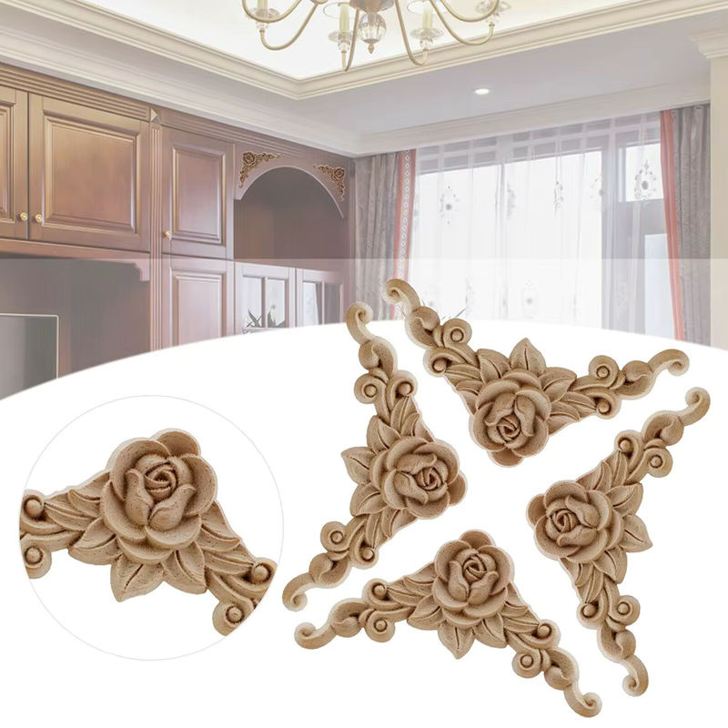 4 Stück florale Eck-Applikationen aus Holz und Kunstharz in Beige für Möbel und Rahmen - Bild 2
