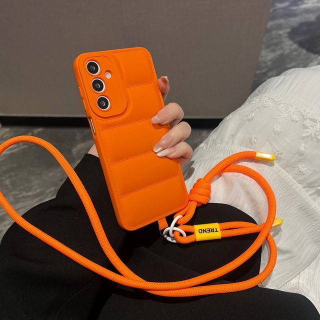 Modische Daunenjacken Handyhülle mit Umhängeband für Samsung Galaxy A56 A36 A26 A16 A55 A35 A54 A53 A52 A34 A33 in Silber und Orange - Bild 1