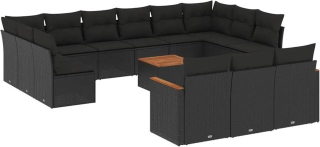 vidaXL 14-tlg Garten-Sofagarnitur aus Poly-Rattan und Akazienholz in Schwarz mit Kissen Modell 27 - Bild 1
