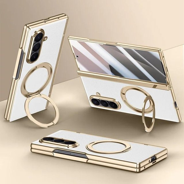 Magnetische Leder-Handyhülle für Samsung Galaxy Z Fold 7 mit drehbarer Metall-Halterung und Glas-Schutzfolie in Weiß - Bild 1