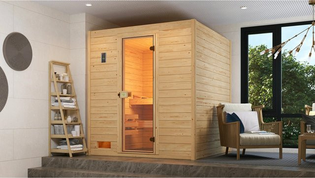 WEKA Massivholzsauna Valida 3 für 4 Personen in Braun inklusive 7,5 kW Ofen mit externer Steuerung und Glastür - Bild 3