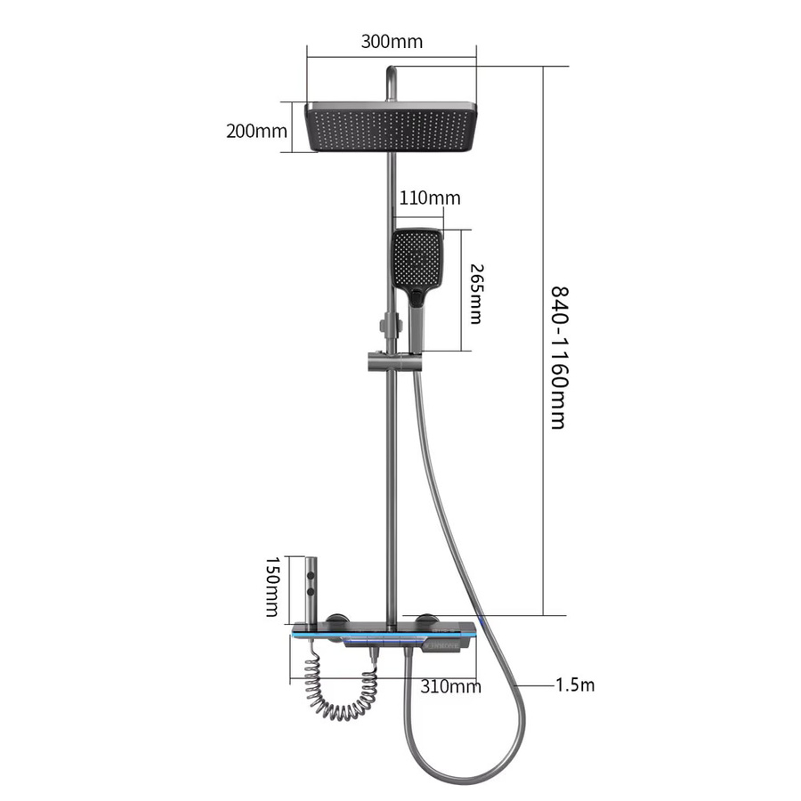 WJNMONE Luxus Duschsystem in Schwarz mit LED-Beleuchtung, Thermostat-Regenarmatur aus Messing mit Digital-Display und 4 Modi, inklusive Wasserfall und Regendusche, Wandmontage - Bild 3