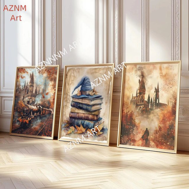 3-teiliges KAYOU Wandkunst-Poster-Set mit Fantasy-Motiven wie Magischem Schloss, Zug und Eule in Mehrfarbig für Kinderzimmer und Herbst-Dekoration - Bild 1
