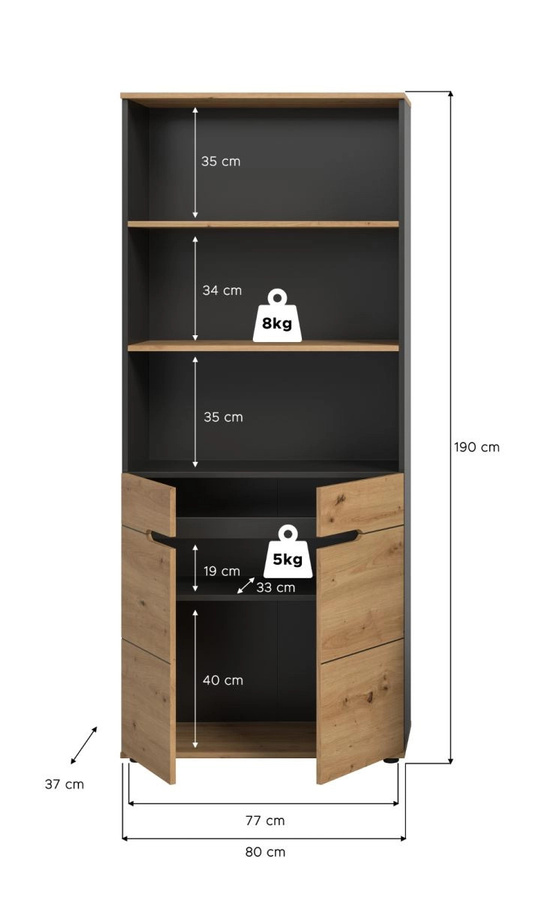 Büroschrank Cooper in Eiche und Grau mit Soft-Close-Türen und offenen Regalfächern, B/H: 80 x 190 cm - Bild 7