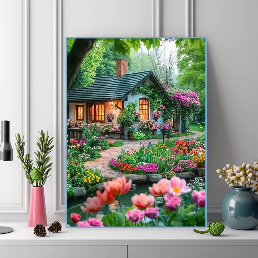 Evershine House Diamantmalerei Landschafts-Stickerei DIY Set mit Gartenmotiv und floralen Elementen, Multicolor, Breite: 30,0 cm, Höhe: 20,0 cm - Bild 3