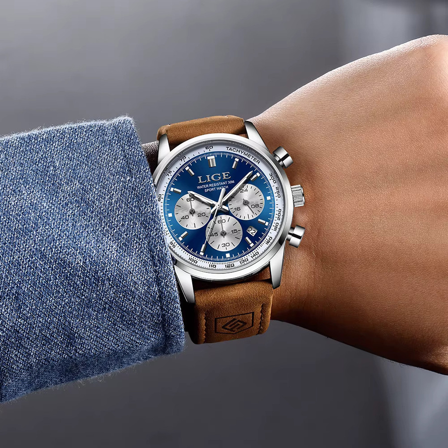 LIGE Armbanduhr Chronograph, Quarz, Leder, Schwarz, Herren - Bild 5
