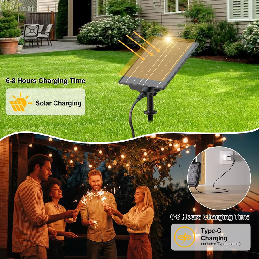 Bhony Solar-Lichterkette für den Außenbereich mit warmweißen LED-Glühbirnen, wasserdicht, dimmbar und mit Fernbedienung sowie Timer, transparente Glühbirnen - Bild 5
