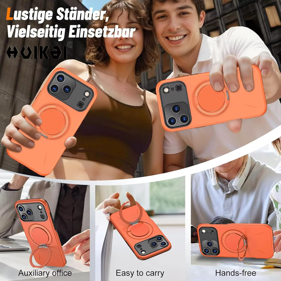 Huikai Magnetische Schutzhülle mit Ringhalter und Ständer für iPhone 17 Pro Max, iPhone 17 Pro und iPhone 16 Pro Max, doppellagig und stoßfest, Schwarz oder Orange - Bild 5