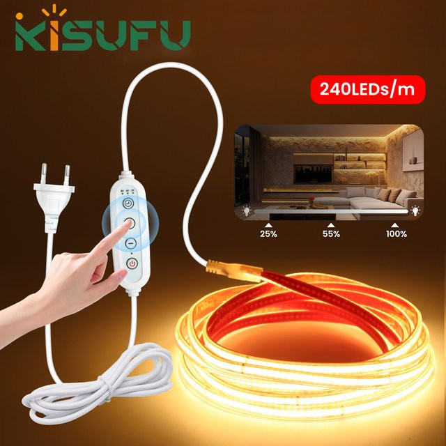 KISUFU COB LED-Streifen-Set Warmweiß, 220V Dimmbar, 240 LEDs/m, Wasserdichtes Silikon Neonband, Schneidbar - Bild 1