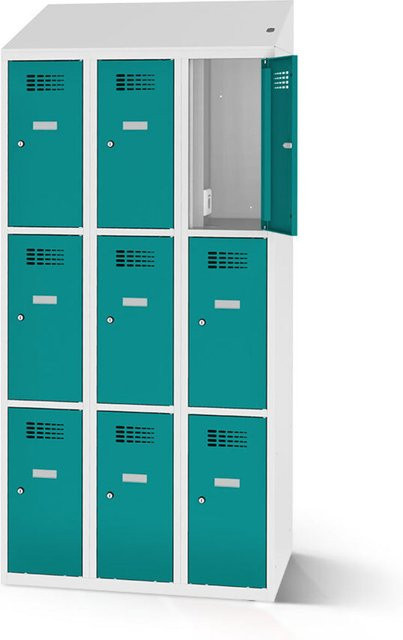 rotstahl Fächerschrank mit 9 Fächern und Ladefunktion, Farbe Türkis, Korpus Lichtgrau, B: 90 cm, H: 200 cm - Bild 1