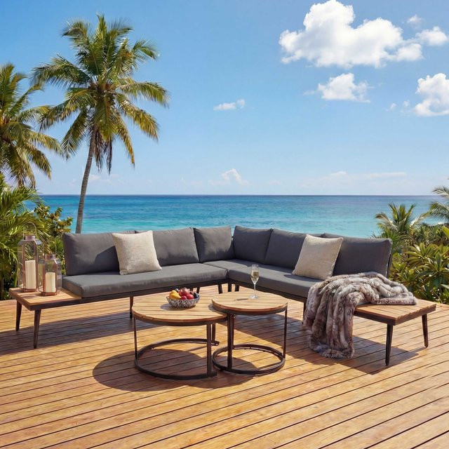 MCW Garten-Garnitur H54c Lounge-Set aus Akazienholz und Stahl in Hellbraun mit dunkelgrauen Kissen - Bild 1