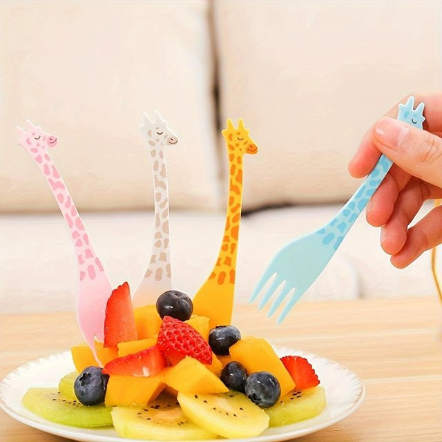 12er Set wiederverwendbare Obstgabeln im Giraffen-Design aus Kunststoff, bunte Snack- und Kuchengabeln für Obst und Dekoration - Bild 1