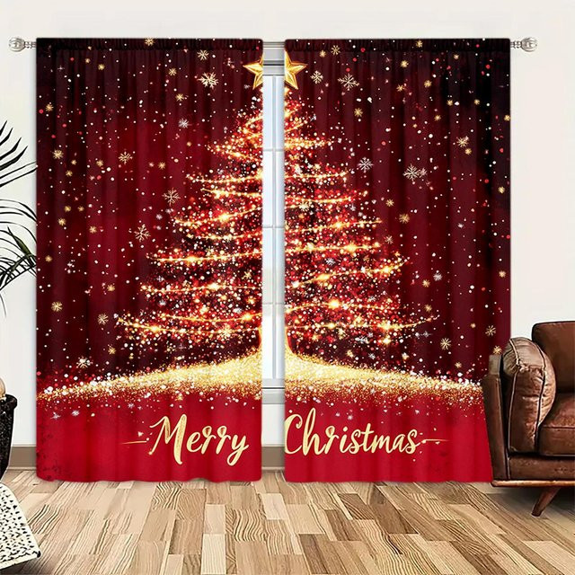 2er-Set dekorative Vorhänge mit Weihnachtsbaum-Aufdruck in Braun, halbtransparent mit Stangentasche, Breite: 52,5 cm, Höhe: 116 cm - Bild 1