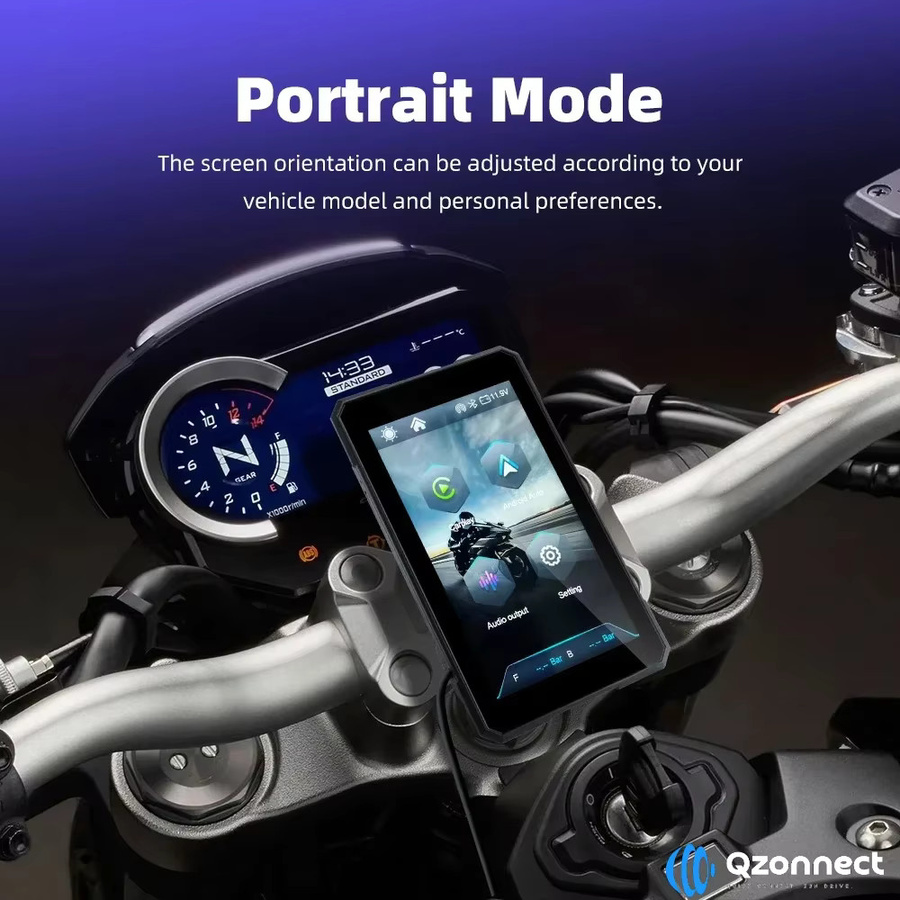 Qzonnect 5,0-Zoll Motorrad CarPlay Bildschirm in Schwarz mit kabellosem Android Auto und drehbarer Halterung für Quer- und Hochformat - Bild 3