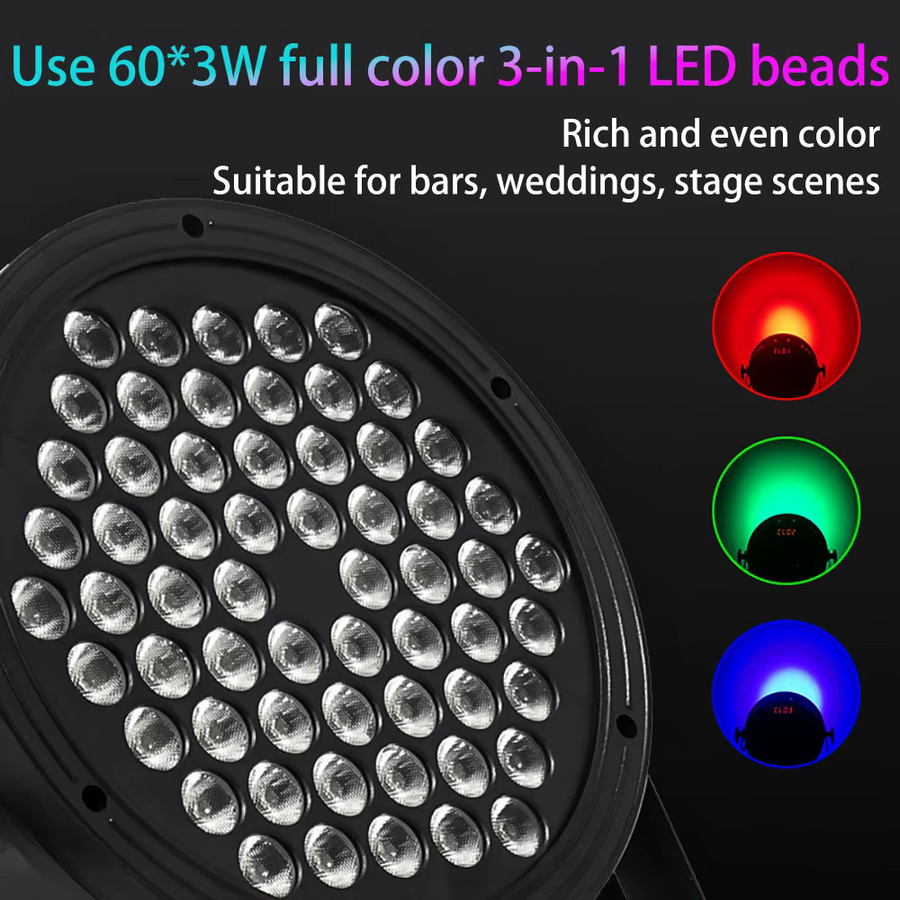 CHEGIT 8er-Pack RGB 3in1 Par-LED Bühnenbeleuchtung mit 60 LEDs, Mehrfarbig, Schwarz, DMX512-Steuerung und Sprachaktivierung für DJ, Party und Konzerte - Bild 3
