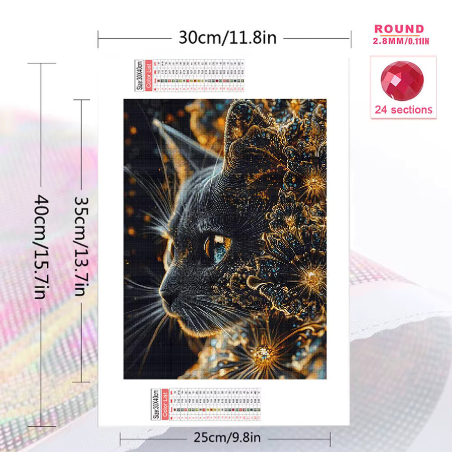 YUTTEE DIY Diamantmalerei Schwarze Katze mit Blumen als Wanddekoration, Schwarz und Mehrfarbig, B: 30,0 cm, H: 20,0 cm - Bild 2