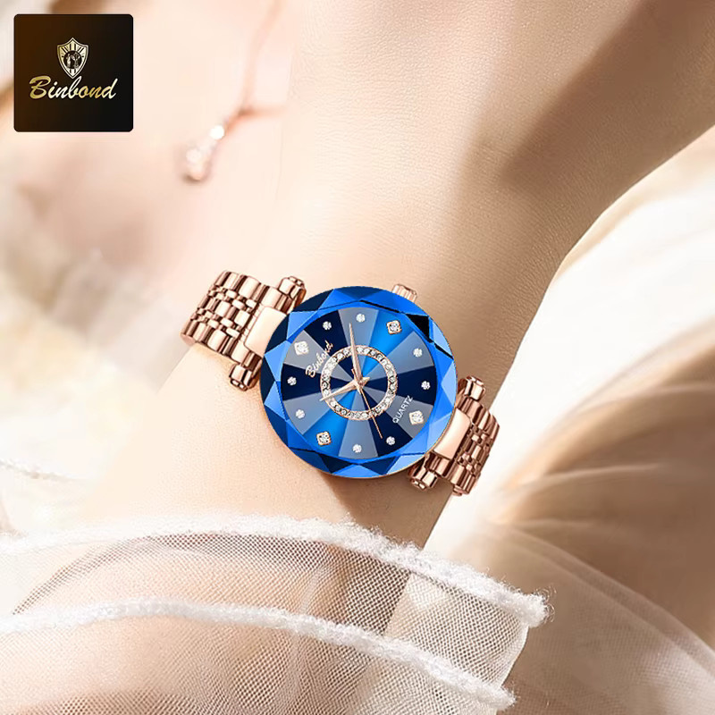 BINBOND Armbanduhr Quarz, Edelstahl, Roségold, Blau, Leder, Damen - Bild 3