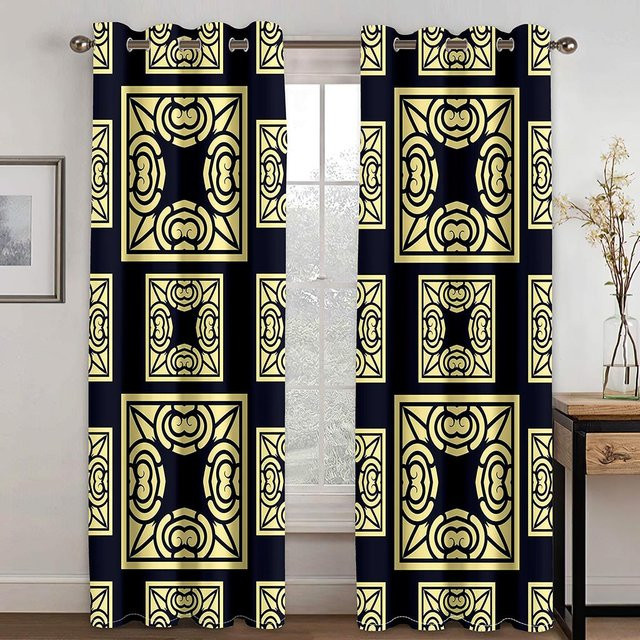 2er-Set Vorhänge von Yiran Furniture mit altägyptischem Pharao-Druck in Gold und Schwarz, bodentiefe Fensterblenden aus Polyester, B/H: 50 x 100 cm - Bild 1