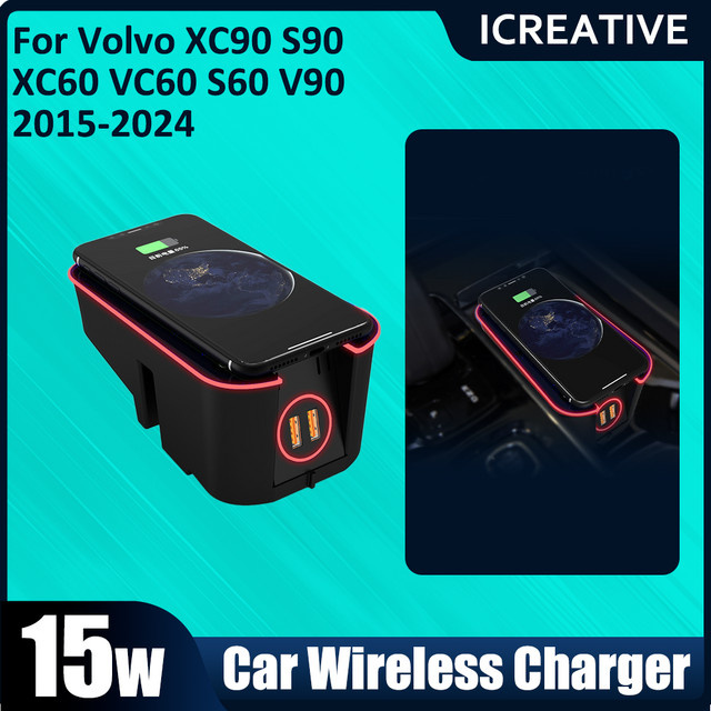 Icreative Kabelloses Auto-Ladegerät für Volvo XC90 S90 V90 XC60 S60 V60 C60, Schwarz - Bild 1
