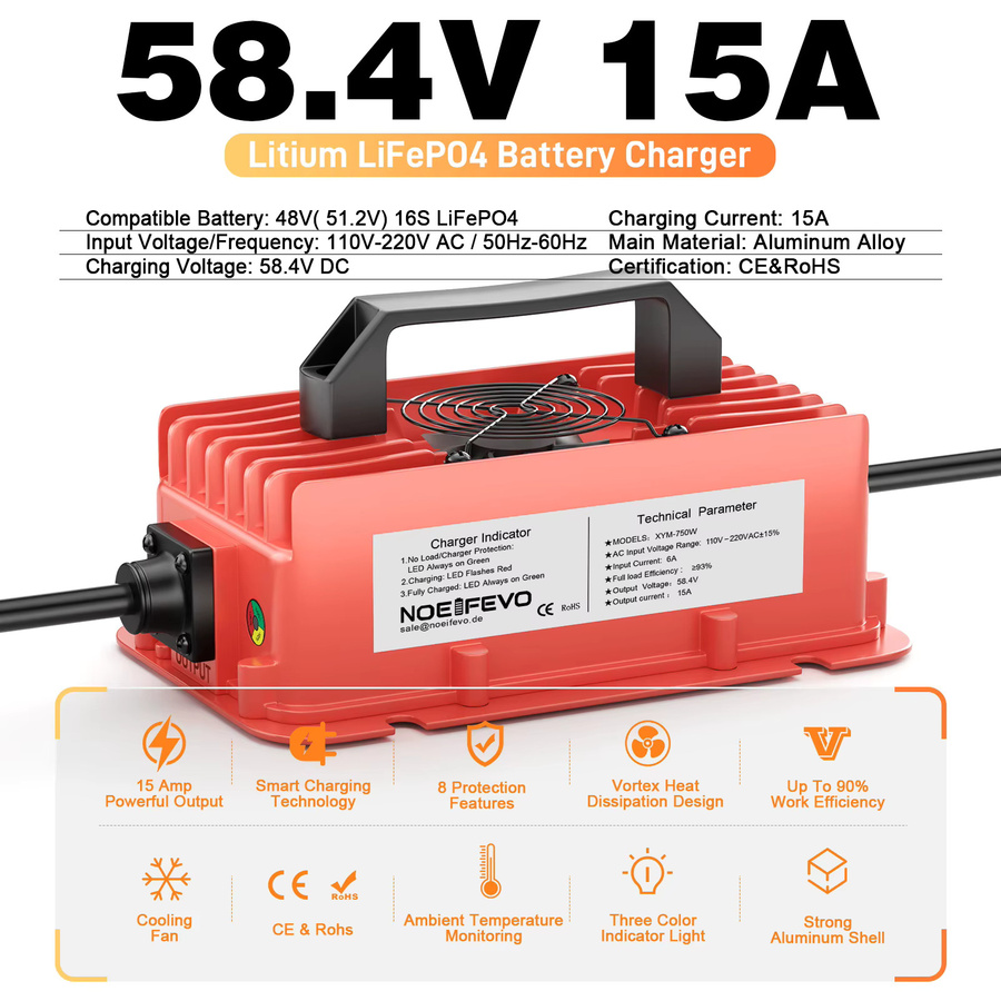 Noeifevo LiFePO4 Batterieladegerät 58,4V 15A für 48V 16S Lithium-Eisenphosphat, intelligentes Schnellladegerät für Wohnmobile, Boote, Solar, Golfcarts und E-Bikes - Bild 2