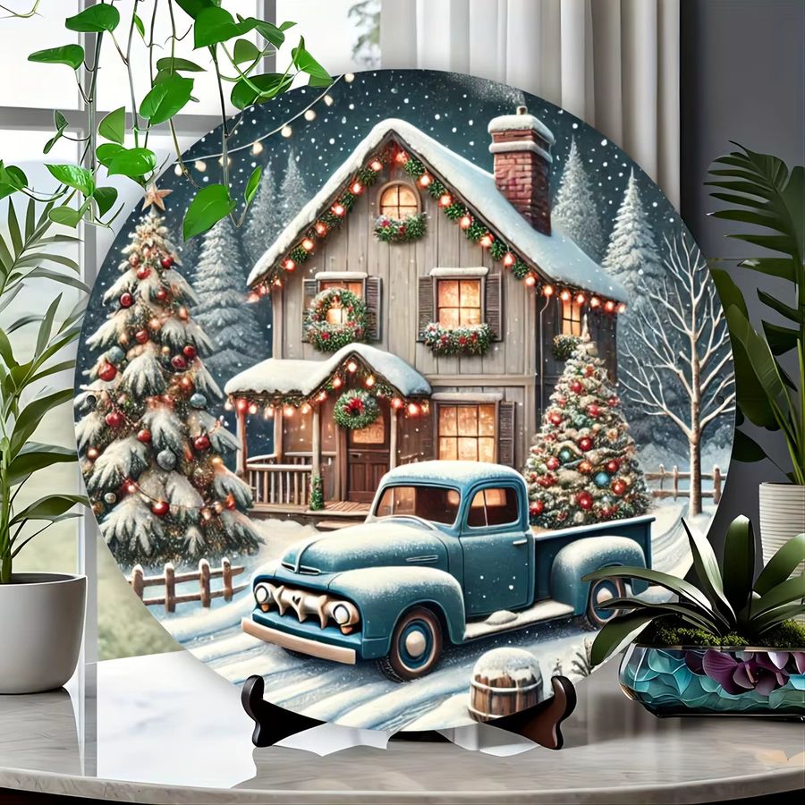 Potdemiel Vintage Weihnachts-Metallschild mit Hütte und LKW zur Dekoration, 20,32 x 20,32 cm - Bild 4