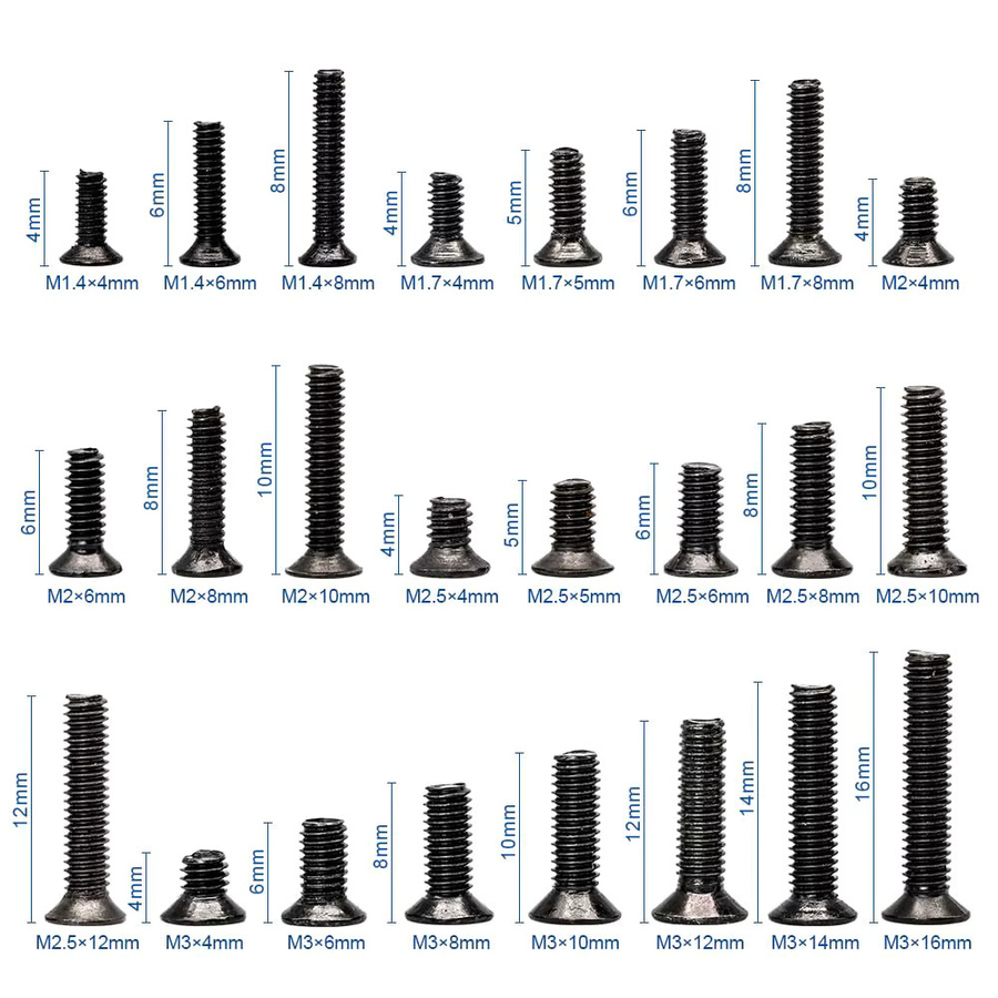 NINDEJIN Senkkopf-Phillips-Schraubenset aus Kohlenstoffstahl in Schwarz, 720 Stück (M1,4 M1,7 M2 M2,5 M3) für Computer, Notebook und Laptop - Bild 3
