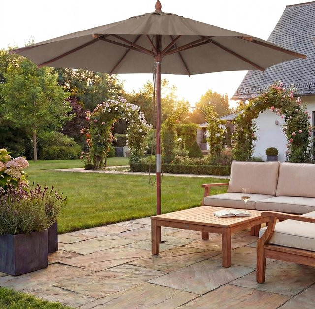 MCW Gastronomie Holz-Sonnenschirm C57b mit Seilzug in Taupe, Durchmesser: 300 cm - Bild 1