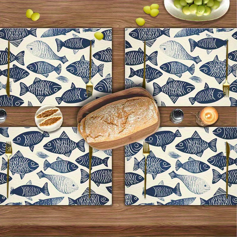 VIKAMA 4-teiliges Set Tischsets aus Filz mit blau-weißem Fischmuster, hitzebeständig und rutschfest - Bild 5