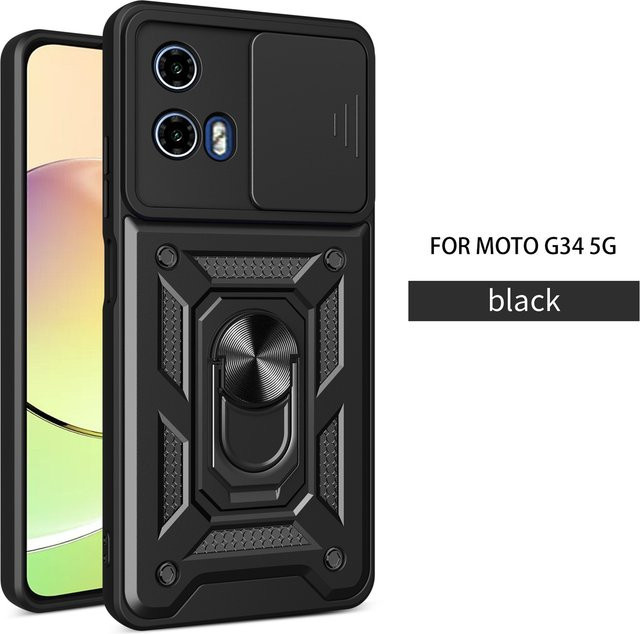 Magnetische Schutzhülle für Motorola Moto G34 5G mit Kameraobjektiv-Abdeckung und Ringhalterung in Schwarz oder Gold - Bild 1