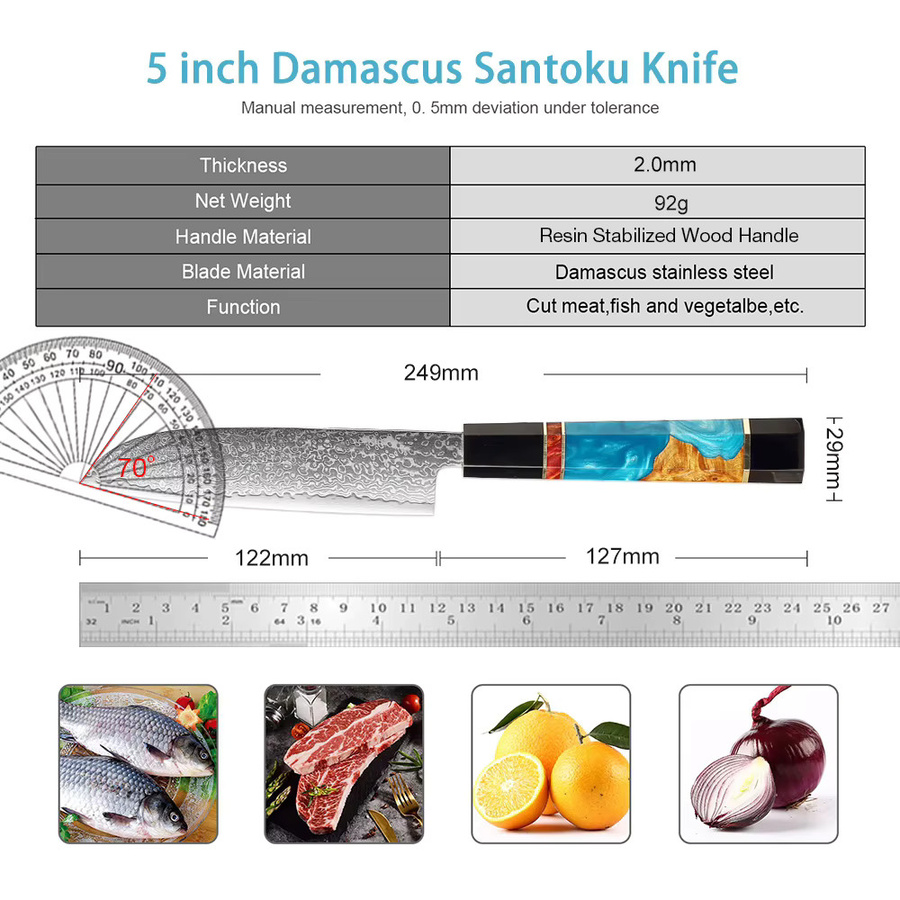 Xituo Santoku Küchenmesser aus Damaststahl mit Harz-Holzgriff in Multicolour, 12,7 cm - Bild 2