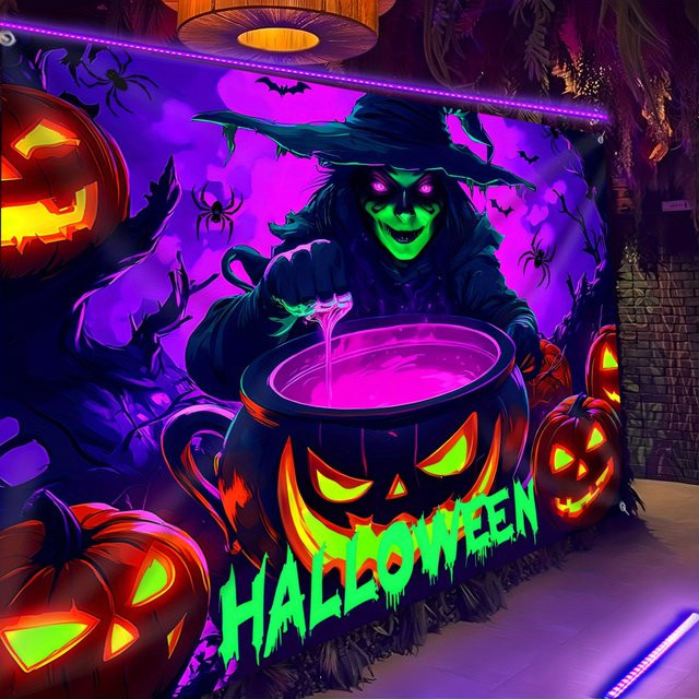 VIKAMA Halloween Wandteppich mit Kürbislaternen als Horror-Party-Dekoration für drinnen und draußen, Mehrfarbig - Bild 1